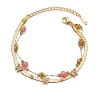 Stainless Steel Jewelry Bracelet, 304 Stainless Steel, with Rose Quartz, with 1.97inch extender chain, Butterfly, Double Layer & micro pave cubic zirconia & for woman, golden, Length:Approx 6.69 Inch, Sold By PC