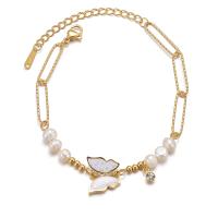 Stainless Steel Jewelry Bracelet, 304 Stainless Steel, with Freshwater Pearl, with 1.97inch extender chain, Butterfly, micro pave cubic zirconia & for woman & enamel, golden, Length:Approx 6.89 Inch, Sold By PC