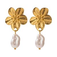 Stainless Steel Drop Earring, 304 Stainless Steel, with Shell Pearl, Flower, plated, fashion jewelry, golden, Sold By Pair