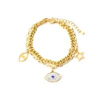 Bracelet Evil Eye bijoux, Acier inoxydable 304, avec 1.57inch chaînes de rallonge, Placage de couleur d'or, Double couche & pour femme & avec strass, doré, 17mm, Vendu par Environ 6.3 pouce brin