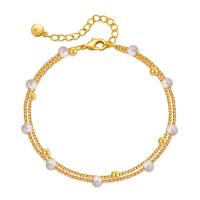 Brass Bracelet & Bangle, with ABS Plastic Pearl, with 2.36inch extender chain, 18K gold plated, Double Layer & fashion jewelry & for woman, golden, nickel, lead & cadmium free, 4mm, Length:Approx 6.49 Inch, Sold By PC