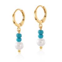 Huggie Hoop Drop Earring, Brass, with Shell Pearl & turquoise, gold color plated, fashion jewelry & for woman, golden, nickel, lead & cadmium free, 31.50mm, Sold By Pair