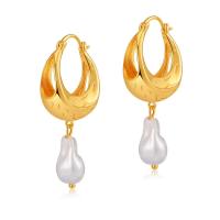 Brass Leverback Earring, with Freshwater Pearl, 18K gold plated, fashion jewelry & for woman, golden, nickel, lead & cadmium free, 48mm, Sold By Pair