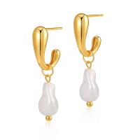 Brass Drop Earring, with Shell Pearl, 18K gold plated, fashion jewelry & for woman, golden, nickel, lead & cadmium free, 42mm, Sold By Pair