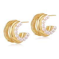 Brass Stud Earring with Plastic Pearl 18K gold plated fashion jewelry & for woman golden nickel lead & cadmium free Sold By Pair
