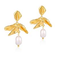 Brass Drop Earring with Freshwater Pearl 18K gold plated fashion jewelry & for woman golden nickel lead & cadmium free 36mm Sold By Pair
