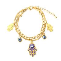 Bracelet Evil Eye bijoux, Acier inoxydable 304, avec 1.57inch chaînes de rallonge, Placage, Double couche & pour femme & émail & avec strass, doré, Vendu par Environ 6.3 pouce brin
