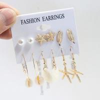 alliage de zinc Boucles d'oreilles, avec coquille & perle de plastique, Placage de couleur d'or, 6 pièces & bijoux de mode & pour femme, earring length 5-60mm, Vendu par fixé