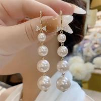 Plastic Pearl Drop Earring, with Tibetan Style, Bowknot, gold color plated, for woman & with rhinestone, 10x80mm, Sold By Pair
