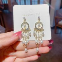 Zinc Alloy Tassel Earring with Plastic Pearl gold color plated for woman & with rhinestone & hollow Sold By Pair