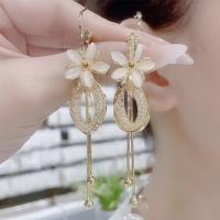Tibetan Style Tassel Earring, with Cats Eye, Flower, gold color plated, Korean style & for woman & hollow, 15x75mm, Sold By Pair