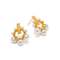 Stainless Steel Stud Earrings, 304 Stainless Steel, with Plastic Pearl, 18K gold plated, fashion jewelry & for woman, golden, 22.10x17.60mm, Sold By Pair
