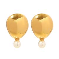 Stainless Steel Stud Earrings, 304 Stainless Steel, with Plastic Pearl, 18K gold plated, fashion jewelry & for woman, golden, 23x15mm, Sold By Pair