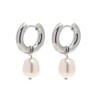 Huggie Hoop Drop Earring, 304 Stainless Steel, with Freshwater Pearl, fashion jewelry & for woman, original color, 19.70x21mm, Sold By Pair