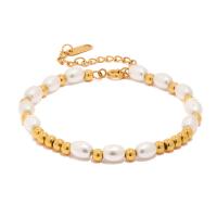 Stainless Steel Jewelry Bracelet, 304 Stainless Steel, with Glass Pearl, with 1.97inch extender chain, 18K gold plated, fashion jewelry & for woman, golden, 4mm, Length:Approx 6.3 Inch, Sold By PC