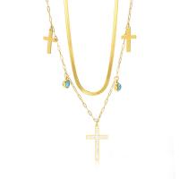 Stainless Steel Jewelry Necklace, 304 Stainless Steel, with turquoise, with 1.97inch extender chain, Cross, 18K gold plated, Double Layer & for woman & with rhinestone, golden, 26mm, Sold Per Approx 15.75 Inch, Approx 17.72 Inch Strand
