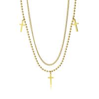 Stainless Steel Jewelry Necklace 304 Stainless Steel with 1.97inch extender chain Cross 18K gold plated Double Layer & fashion jewelry & for woman golden 13.50mm Sold Per Approx 15.75 Inch Approx 17.72 Inch Strand