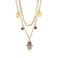 Evil Eye Jewelry Necklace, 304 Stainless Steel, plated, Double Layer & for woman & with rhinestone, golden, Sold Per Approx 15.75 Inch, Approx 17.72 Inch Strand