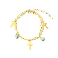 Stainless Steel Jewelry Bracelet 304 Stainless Steel with turquoise with 1.57inch extender chain Cross plated Double Layer & fashion jewelry & for woman golden 16.50mm Sold Per Approx 5.9 Inch Strand