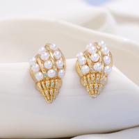 Zinc Alloy Stud Earring with Plastic Pearl Conch gold color plated fashion jewelry & for woman Sold By Pair