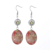 Natural Gemstone Earrings, Impression Jasper, with Brass, Oval, silver color plated, fashion jewelry & for woman, mixed colors, The earring length is about 15-80mm, Sold By Pair
