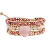 Bracelets quartz, quartz rose, avec corde de cire & pierre gemme & laiton, coeur, Placage de couleur d'or, bijoux de mode & multicouche & unisexe, couleurs mélangées, Longueur:Environ 51 cm, Vendu par PC
