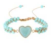 Bracelets de Amazonite Naturel, avec Cordon de noeud & turquoise synthétique & laiton, coeur, Placage de couleur d'or, Réglable & bijoux de mode & unisexe, bleu, 4mm, Vendu par PC