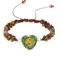 Gemstone Bracelets, Impression Jasper, with Knot Cord & Brass, Heart, gold color plated, Adjustable & fashion jewelry & Unisex, mixed colors, Length:Approx 16 cm, Sold By PC