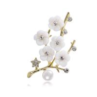 Tibetan Style Brooches, with Plastic Pearl, Plum Blossom, plated, fashion jewelry & for woman & with rhinestone, nickel, lead & cadmium free, 37x60mm, Sold By PC