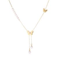 Stainless Steel Jewelry Necklace, 304 Stainless Steel, with Plastic Pearl, with 2.36inch extender chain, Butterfly, plated, fashion jewelry & for woman & with rhinestone, golden, Sold Per Approx 16.54 Inch Strand