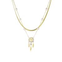 Stainless Steel Jewelry Necklace, 304 Stainless Steel, with Plastic Pearl, with 2.36inch extender chain, plated, Double Layer & for woman & with rhinestone, golden, 37x17mm, Sold Per Approx 15.75 Inch, Approx 17.32 Inch Strand