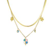 Stainless Steel Jewelry Necklace, 304 Stainless Steel, with turquoise, with 1.97inch extender chain, Four Leaf Clover, 18K gold plated, Double Layer & for woman & enamel, golden, Sold Per Approx 16.14 Inch, Approx 17.72 Inch Strand
