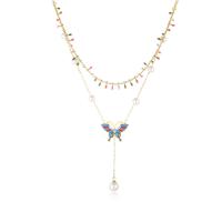 Stainless Steel Jewelry Necklace 304 Stainless Steel with Plastic Pearl with 1.97inch extender chain Butterfly 18K gold plated Double Layer & for woman & enamel golden Sold Per Approx 15.75 Inch Approx 17.72 Inch Strand