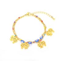 Evil Eye Jewelry Bracelet, 304 Stainless Steel, with 1.57inch extender chain, Elephant, 18K gold plated, Double Layer & for woman & enamel, golden, 13mm, Sold Per Approx 5.9 Inch Strand