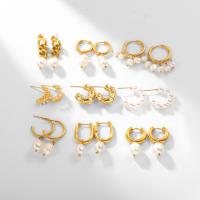 Rozsdamentes acél Csepp fülbevaló, 304 rozsdamentes acél, -val Édesvízi gyöngy & Műanyag Pearl, 18K aranyozott, divat ékszerek & különböző stílusokat a választás & a nő, aranysárga, Által értékesített pár