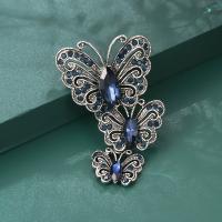 Zinc Alloy Brooches Butterfly silver color plated with rhinestone blue Sold By PC