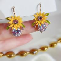 Tibetan Style Drop Earring, Sunflower, gold color plated, micro pave cubic zirconia & for woman & enamel, more colors for choice, 30mm, Sold By Pair
