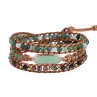 Gemstone Bracelets Peridot Stone with Rhodonite & leather cord & Agate & Brass & Zinc Alloy plated fashion jewelry & multilayer & Unisex mixed colors Length Approx 51 cm Sold By PC