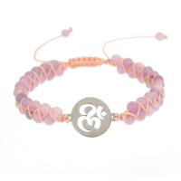 Quartz Bracelets Rose Quartz with Knot Cord & 304 Stainless Steel Flat Round Adjustable & fashion jewelry & Unisex & hollow pink Sold By PC