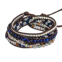 Gemstone Bracelets, Natural Stone, with Wax Cord & Crystal & Brass & Tibetan Style, Round, silver color plated, fashion jewelry & multilayer & Unisex, mixed colors, Length:Approx 85 cm, Sold By PC