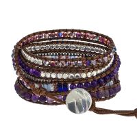 Quartz Bracelets, Amethyst, with Seedbead & Wax Cord & Crystal & Brass & Tibetan Style, Round, silver color plated, fashion jewelry & multilayer & Unisex, mixed colors, Length:Approx 85 cm, Sold By PC