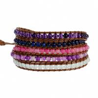 Gemstone Bracelets Natural Stone with leather cord & Zinc Alloy Round silver color plated fashion jewelry & multilayer & Unisex mixed colors Length Approx 85 cm Sold By PC