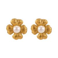 Stainless Steel Stud Earrings, 304 Stainless Steel, with Shell Pearl, petals, 18K gold plated, fashion jewelry & for woman, golden, 27.60x27.60mm, Sold By Pair