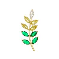 Cubic Zirconia Brooch, Brass, Leaf, fashion jewelry & micro pave cubic zirconia & for woman, golden, nickel, lead & cadmium free, 21x48mm, Sold By PC