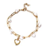 Stainless Steel Jewelry Bracelet, 304 Stainless Steel, with Plastic Pearl, Heart, Double Layer & fashion jewelry & for woman, more colors for choice, 16x18mm, Length:Approx 6.69 Inch, Sold By PC