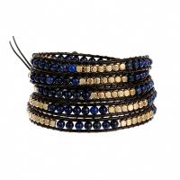 Bracelets de lapis-lazuli naturel, Lapis lazuli, avec cordon en cuir & Hématite & alliage de zinc, Rond, Placage de couleur d'or, bijoux de mode & multicouche & unisexe, couleurs mélangées, Longueur:Environ 85 cm, Vendu par PC