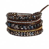 Gemstone Bracelets, Natural Stone, with leather cord & Hematite & Tibetan Style, Round, plated, fashion jewelry & multilayer & Unisex, mixed colors, Length:Approx 85 cm, Sold By PC