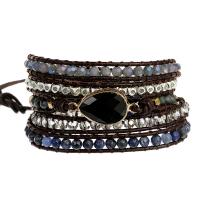 Gemstone Bracelets, Natural Stone, with leather cord & Hematite & Crystal & Brass & Tibetan Style, Teardrop, plated, fashion jewelry & multilayer & Unisex, mixed colors, Length:Approx 85 cm, Sold By PC