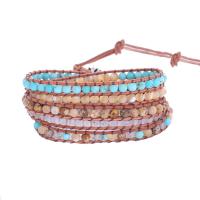 Gemstone Bracelets, Natural Stone, with leather cord & Shell & Tibetan Style, Round, silver color plated, fashion jewelry & multilayer & Unisex, mixed colors, Length:Approx 85 cm, Sold By PC