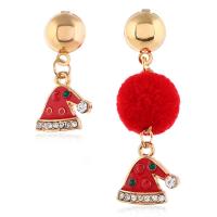 Christmas Earrings Zinc Alloy with Cloth Christmas Hat gold color plated enamel & with rhinestone red  Sold By Pair